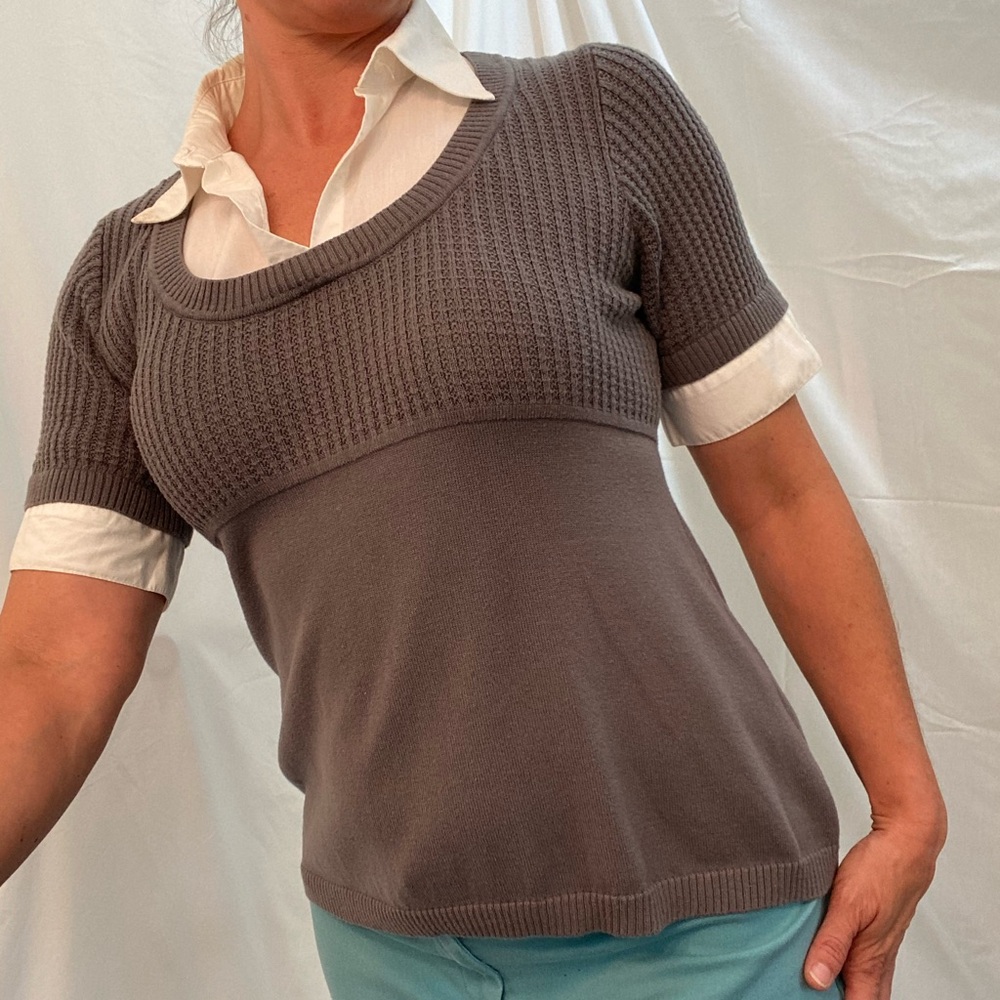 John Paul Richard, Short Sleeve Gray Sweater Shirt with Layer Look, Medium